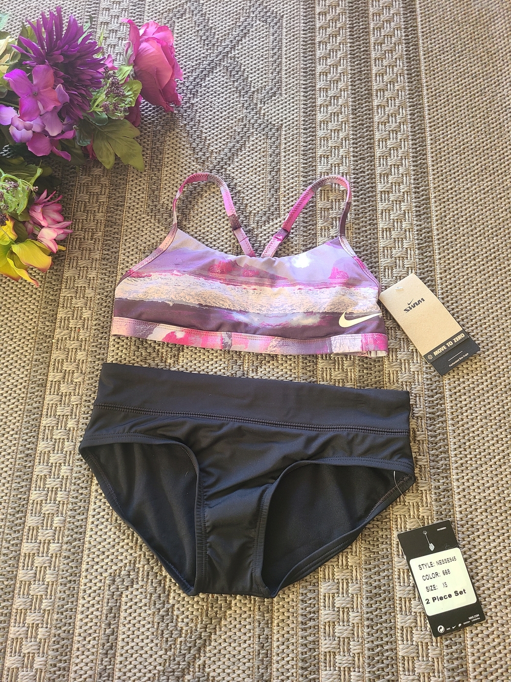 NWT Nike Purple Bikini Top & Black Swim Bottoms  2pc Set Size XS